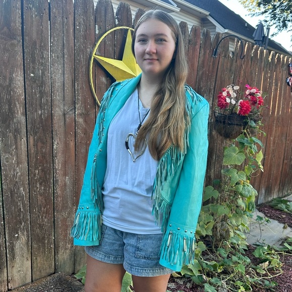 Vintage Blue Leather Fringe Bohemian Style Jacket Size Medium - Picture 9 of 9